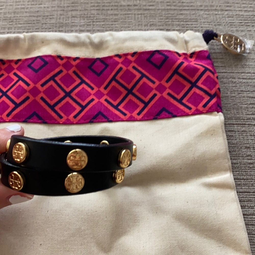 Tory Burch black leather adjustable wrap bracelet